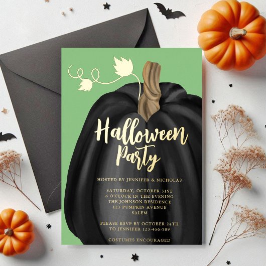 キュートな緑のゴールドパンプキン ハロウィンパーティー 箔招待状
