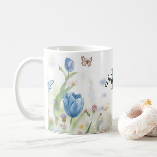 キュートな緑の春の花の野の花ブーケモノグラム コーヒーマグカップ (ドーナツ)
