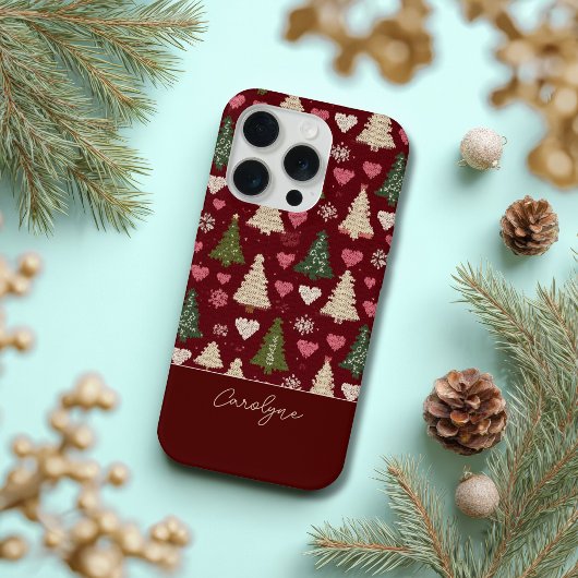 キュートな編み物クリスマスツリーとハート柄 iPhoneケース