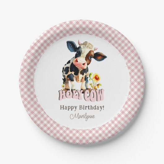 キュートな聖なる牛 ピンクの誕生日 ペーパープレート (正面)