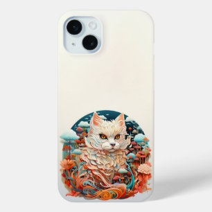 キュートな花付き猫紙切り出し iPhone 15 MINIケース