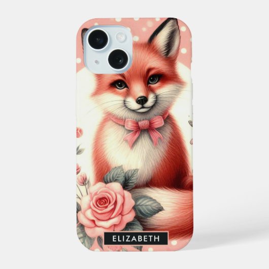 キュートな花柄の子ギツネ iPhone 15ケース (裏面)