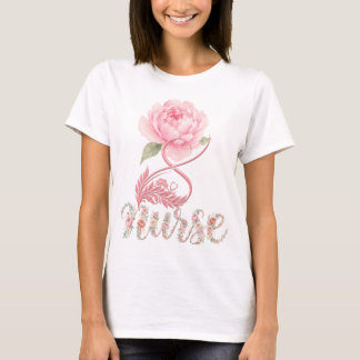 キュートな花柄の聴診器ハート ウォーターカラー Tシャツ
