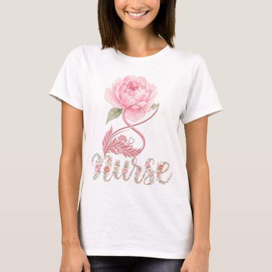 キュートな花柄の聴診器ハート ウォーターカラー Tシャツ (正面)