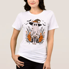 キュートな花柄の魔女帽子をかぶったおばけのハロウィンデザイン トライブレンドTシャツ