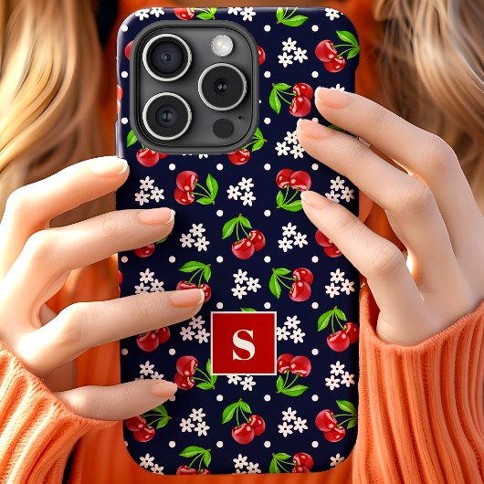 キュートな花柄ドットチェリー ネイビー モノグラム Case-Mate iPhoneケース