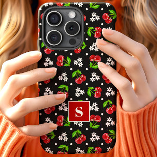 キュートな花柄ドットチェリー ブラックモノグラム iPhone 15ケース