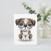 キュートな英語ブルドッグパピー眼鏡の白 ポストカード (スタンド正面)