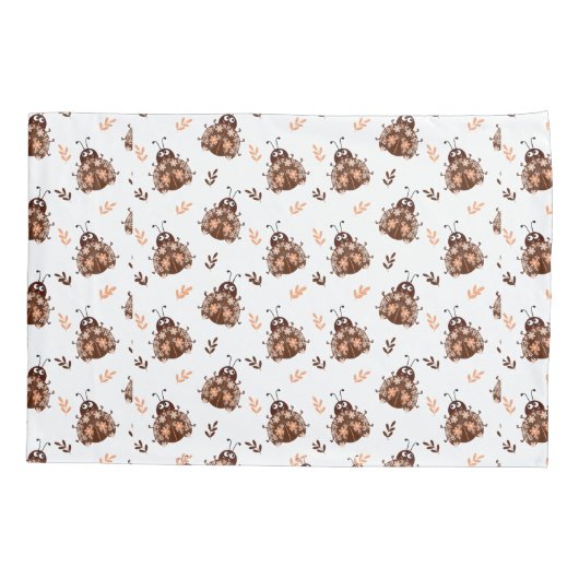 キュートな茶色とベージュのレディバグと花柄 枕カバー (裏面)