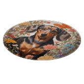 キュートな茶色のダックスシャントとコスモスの花 カッティングボード (角)