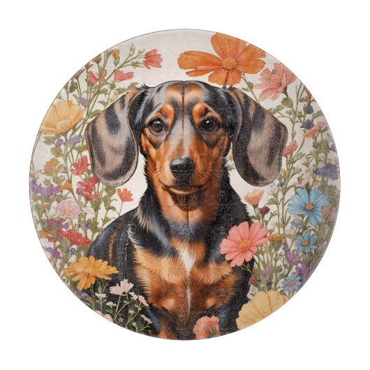 キュートな茶色のダックスシャントとコスモスの花 カッティングボード (正面)