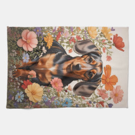 キュートな茶色のダックスシャントとコスモスの花 キッチンタオル