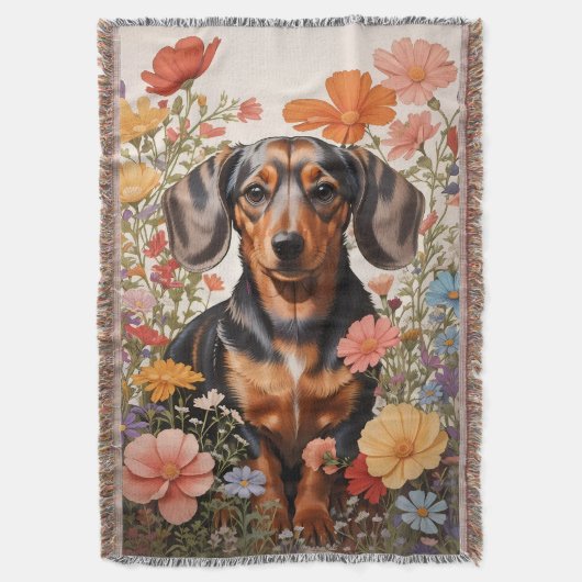 キュートな茶色のダックスシャントとコスモスの花 スローブランケット (正面縦)