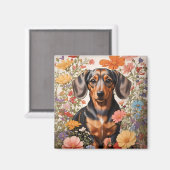 キュートな茶色のダックスシャントとコスモスの花 マグネット (正面/裏面)