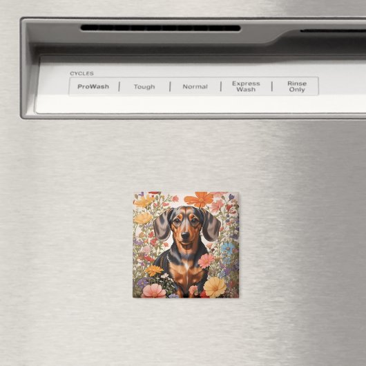 キュートな茶色のダックスシャントとコスモスの花 マグネット (インサイチュ (食洗機))