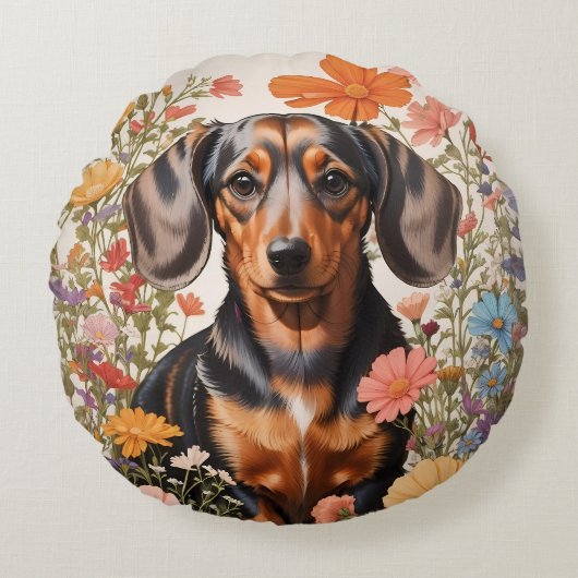 キュートな茶色のダックスシャントとコスモスの花 ラウンドクッション (正面)