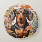 キュートな茶色のダックスシャントとコスモスの花 ラウンドクッション (裏面)