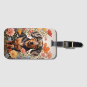 キュートな茶色のダックスシャントとコスモスの花 ラゲッジタグ (正面横)