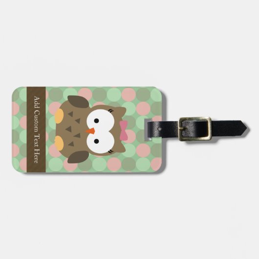 キュートな茶色のフクロウとピンクの弓 ラゲッジタグ (正面横)