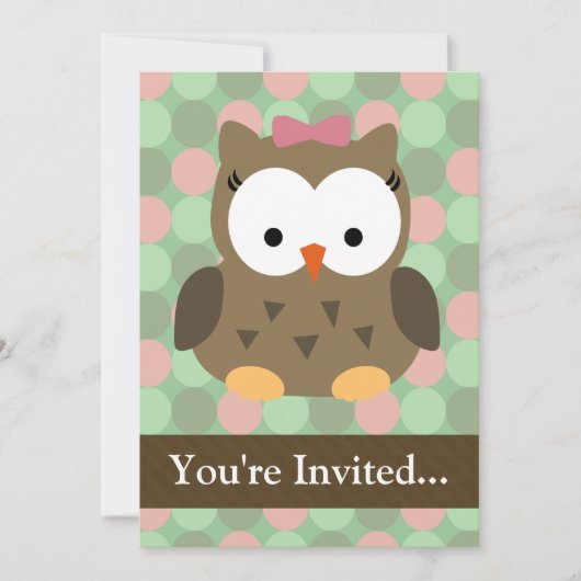 キュートな茶色のフクロウとピンクの弓 招待状 (正面)