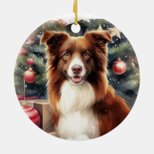 キュートな茶色の縁どコリークリスマス セラミックオーナメント (裏面)