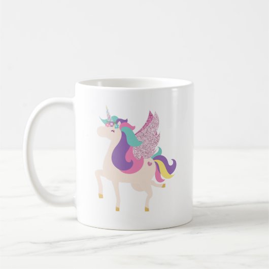 キュートな虹のユニコーンのギラギラ コーヒーマグカップ (左)