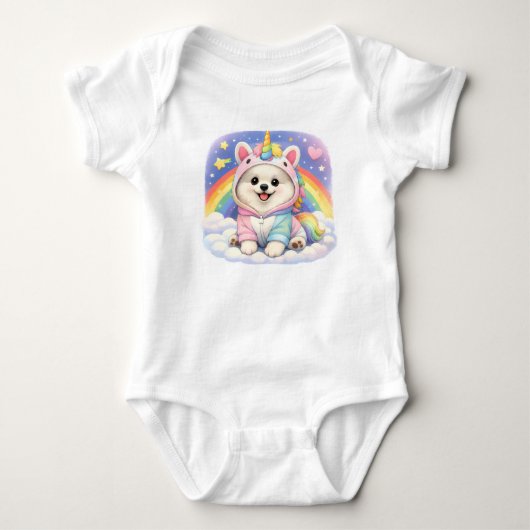 キュートな虹のユニコーン子犬キッズTシャツ – 魔法の世界 ベビーボディスーツ (正面)