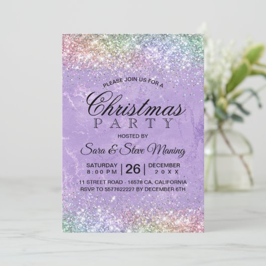 キュートな虹彩薄紫紫のフェイクグリッタークリスマス 招待状 (スタンド正面)