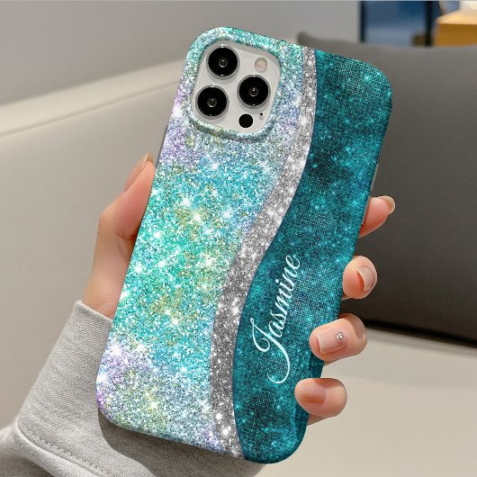 キュートな虹色のターコイズの疑似ラメモノグラム Case-Mate iPhoneケース