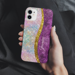 キュートな虹色のフクシアゴールドの疑似ラメモノグラム iPhone 13ケース