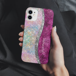 キュートな虹色ピンクシルバーグリッター モノグラム Case-Mate iPhone 14ケース