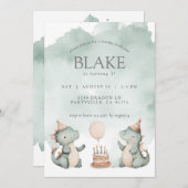 キュートな誕生日ドラゴン恐竜パーティー 招待状 (正面/裏面)