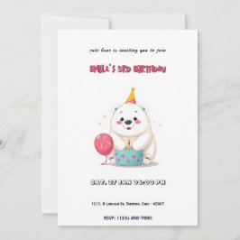 キュートな誕生日ポーラベアとパーティー帽子 招待状