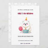 キュートな誕生日ポーラベアとパーティー帽子 招待状 (正面/裏面)