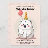 キュートな誕生日ポーラベアとパーティー帽子 招待状 (正面/裏面)
