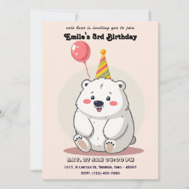 キュートな誕生日ポーラベアとパーティー帽子 招待状