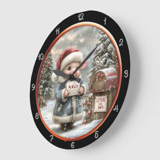 キュートな豚がクリスマスウィッシュリストを保持中 ラージ壁時計 (傾斜)