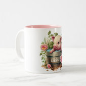 キュートな豚のバケットピンクの花パーソナライズされた ツートーンマグカップ (正面左)