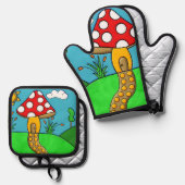 キュートな赤いキノコ 鍋つかみ&鍋敷きセット (正面/裏面)