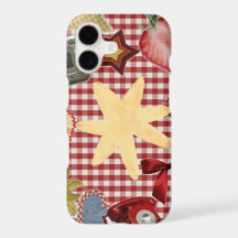 キュートな赤いギンガムチェックの星とイチゴのリボンのスマホケース