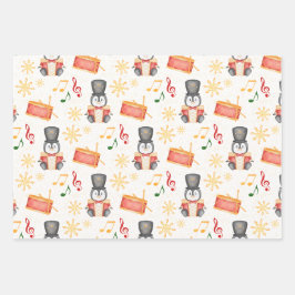 キュートな赤いクリスマスのナツクラッカーペンギン ラッピングペーパーシート