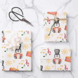キュートな赤いクリスマスのナツクラッカーペンギン ラッピングペーパーシート