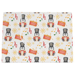 キュートな赤いクリスマスのナツクラッカーペンギン ラージペーパーバッグ