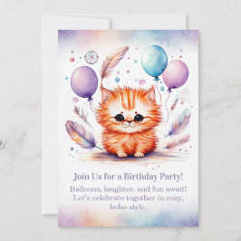 キュートな赤い子猫の誕生日招待状 パステルボホー 招待状
