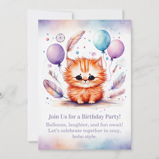 キュートな赤い子猫の誕生日招待状 パステルボホー 招待状 (正面)