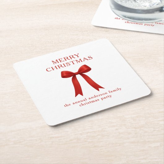 キュートな赤い弓メリークリスマス スクエアペーパーコースター (アングル)