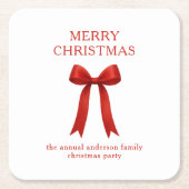 キュートな赤い弓メリークリスマス スクエアペーパーコースター (正面)