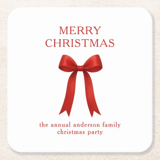 キュートな赤い弓メリークリスマス スクエアペーパーコースター (正面)