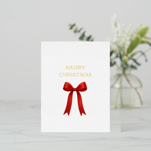 キュートな赤い弓メリークリスマス 箔シーズンポストカード (立ち正面)