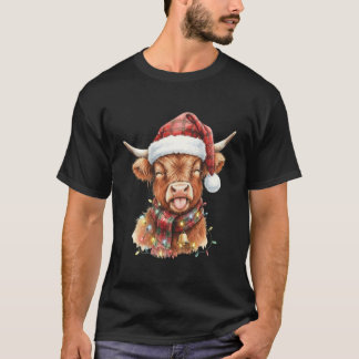 キュートな赤ちゃんハイランドカウサンタ帽子スコットランド柄クリスマス Tシャツ